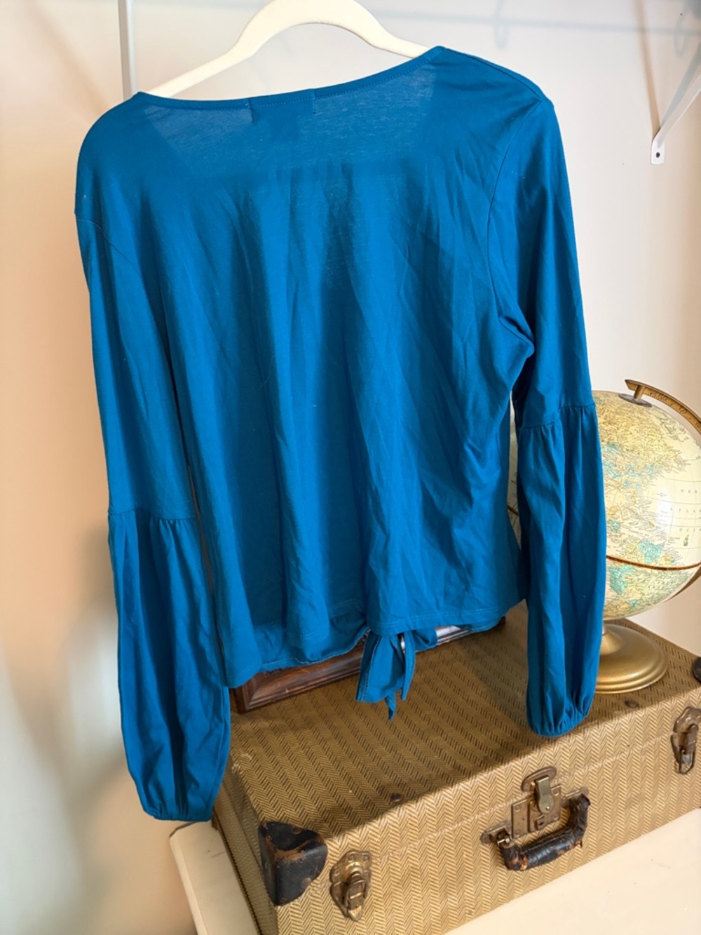 Rock & Roll Cowgirl Teal V-Neck Embroidered Tie-Front Blouse - Picture 4 of 4